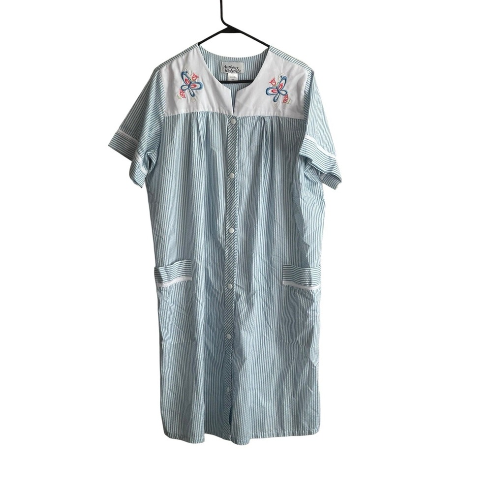 ANTHONY RICHARDS large House Dress Mumu Seersucker Embroidered Butterfly